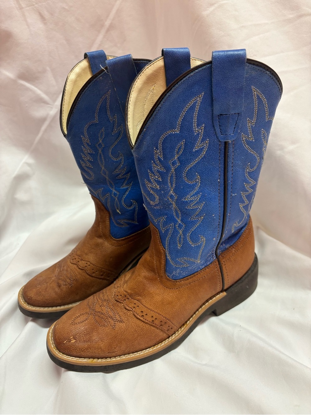 Old West Brown/Blue Genuine Leather Kids Western Cowboy Boots | Size 2.5